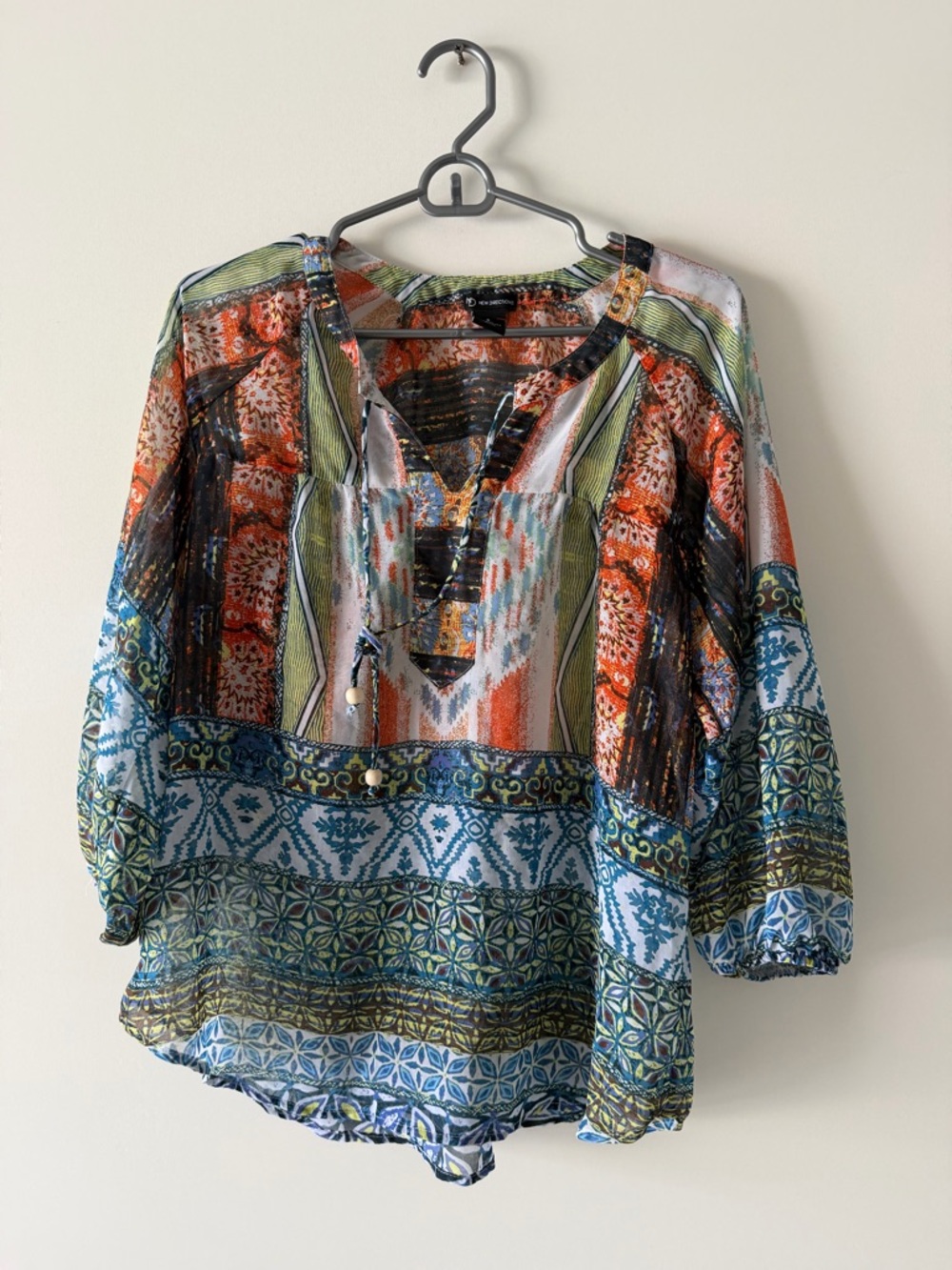 new directions Multicolor Patchwork Peasant Blouse - Orange, Blue, Green